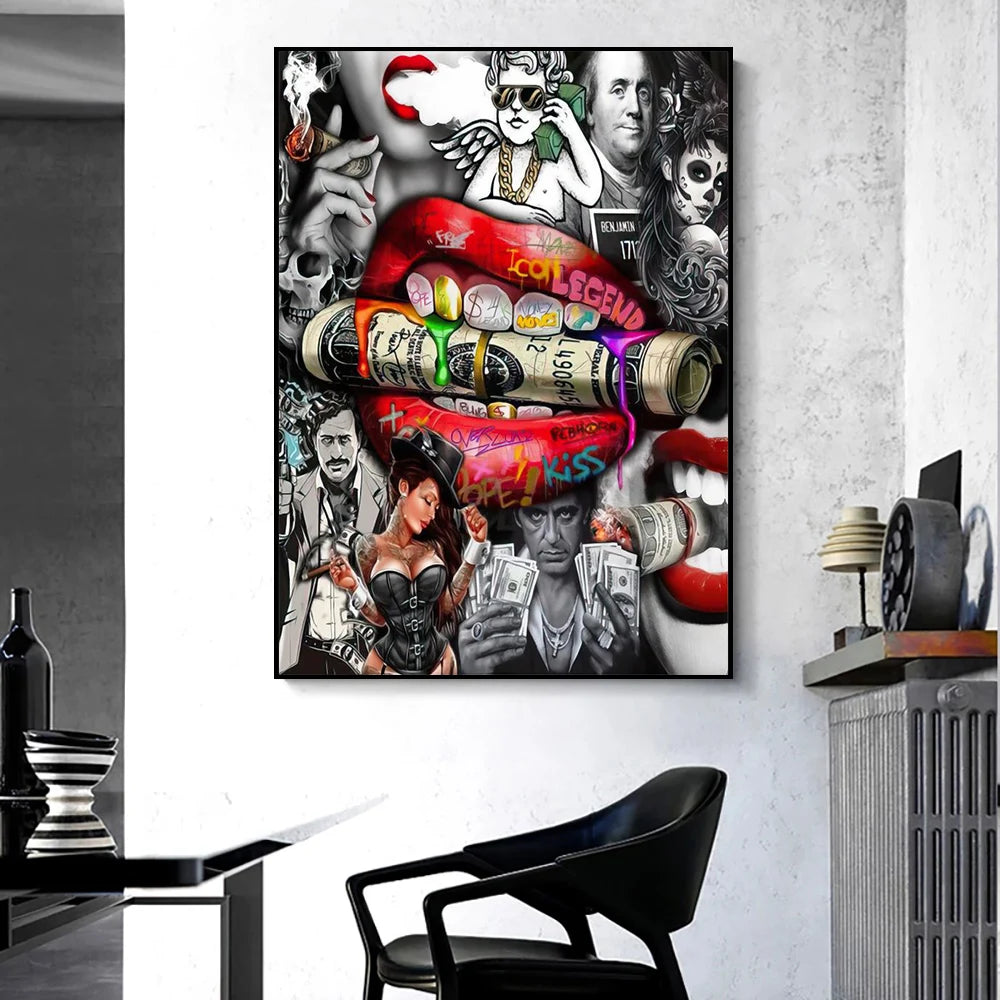Luxury Dollar Sexy Lips Wall Art Poster Graffiti Abstract High End Mural Modern Home Room Decor Canvas Painting Picture Prints