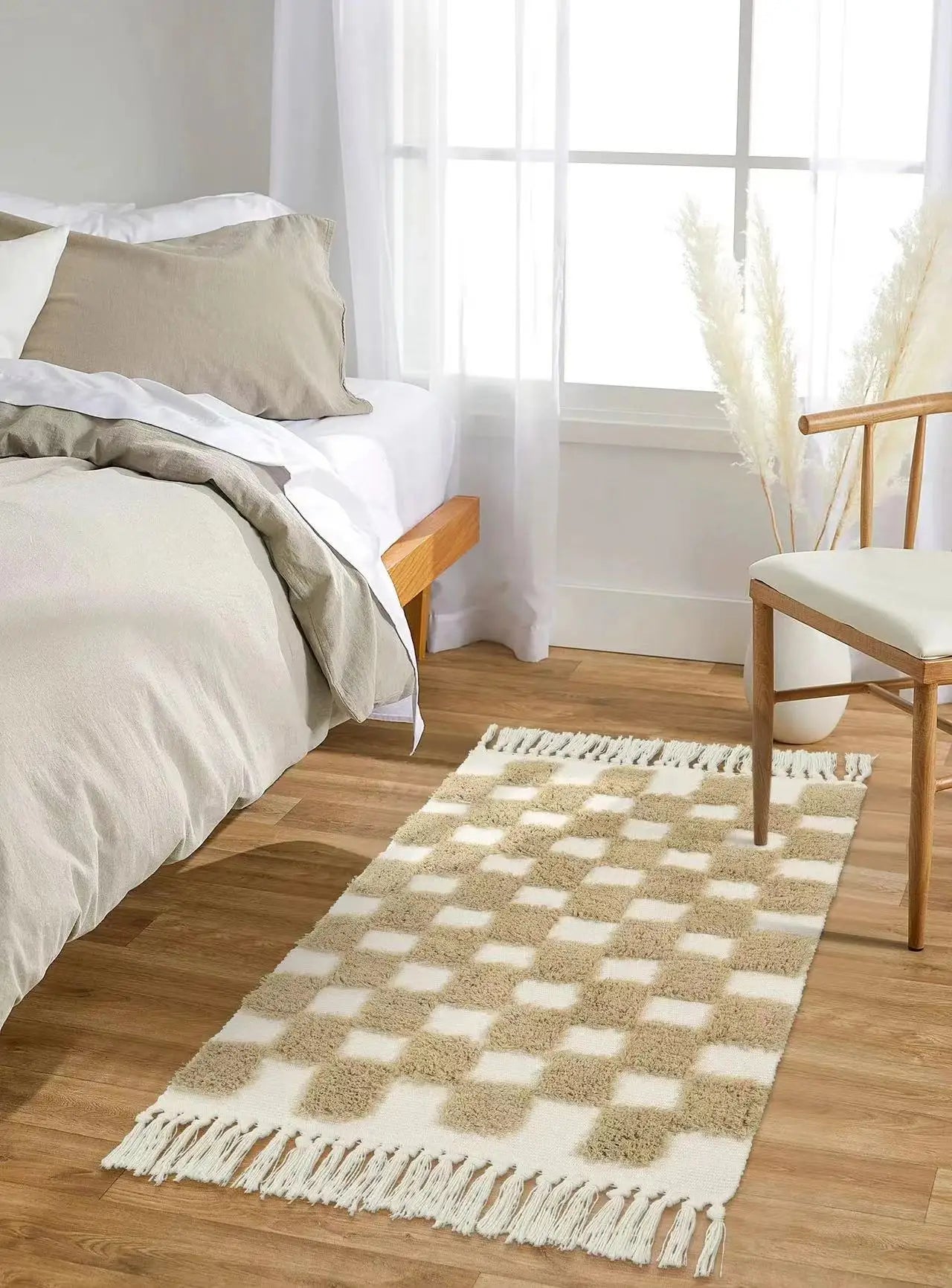 Vintage Nordic Style Cotton Linen Handmade Tassel Area Rug Checkerboard Tufted Floor Bedside Mat Living Room Bedroom Tapestry