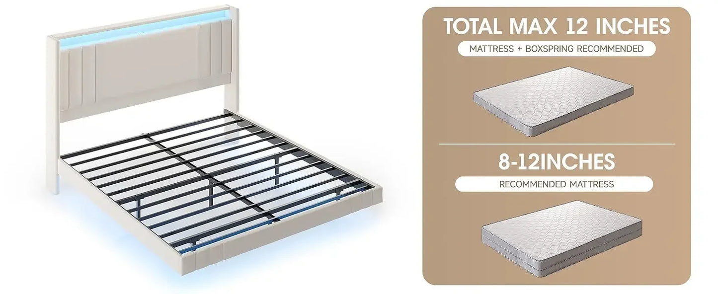 Floating Bed Frame, 50.8" Tall Headboard LED with Charging Station, Metal Platform Bed Frame, Upholstered Platform Beds Home