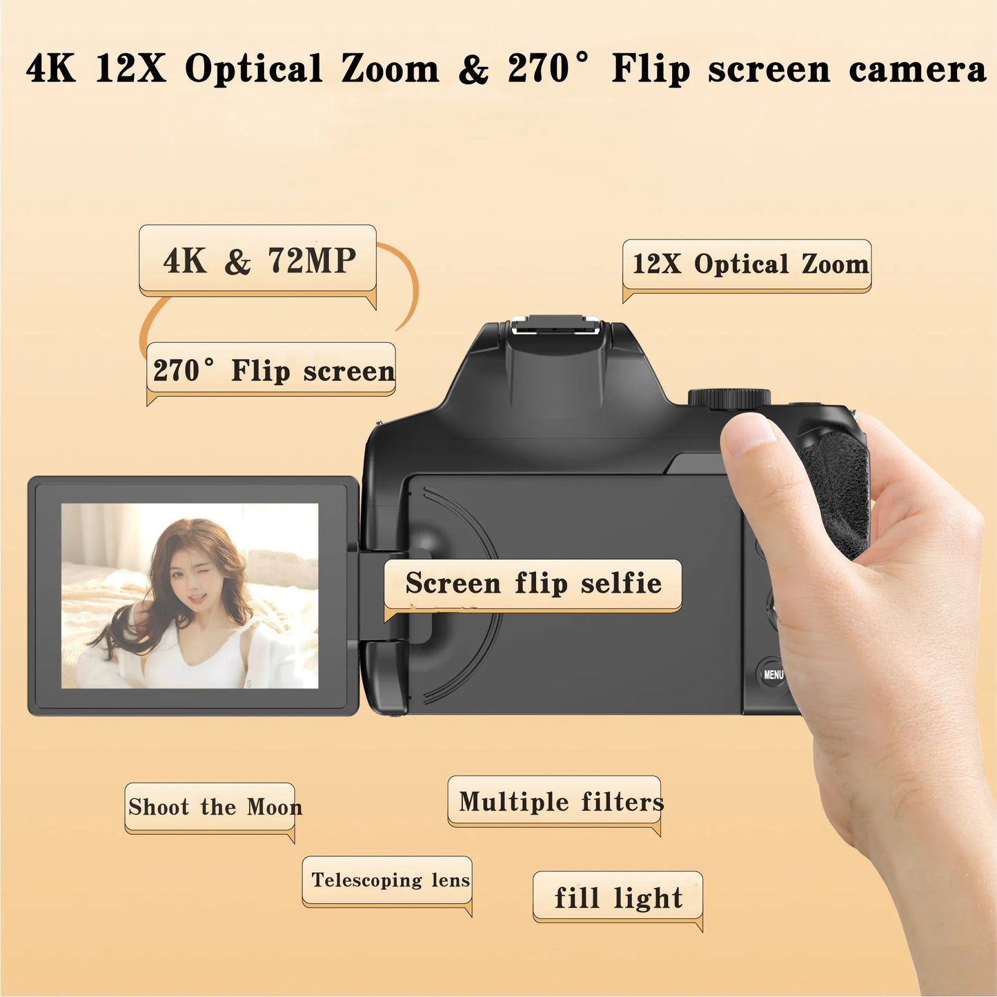 4K HD Digital Camera for Photography Auto Focus 12X Optical Zoom Vlogging Camera for YouTube 72MP WiFi Livestream Video Cameras