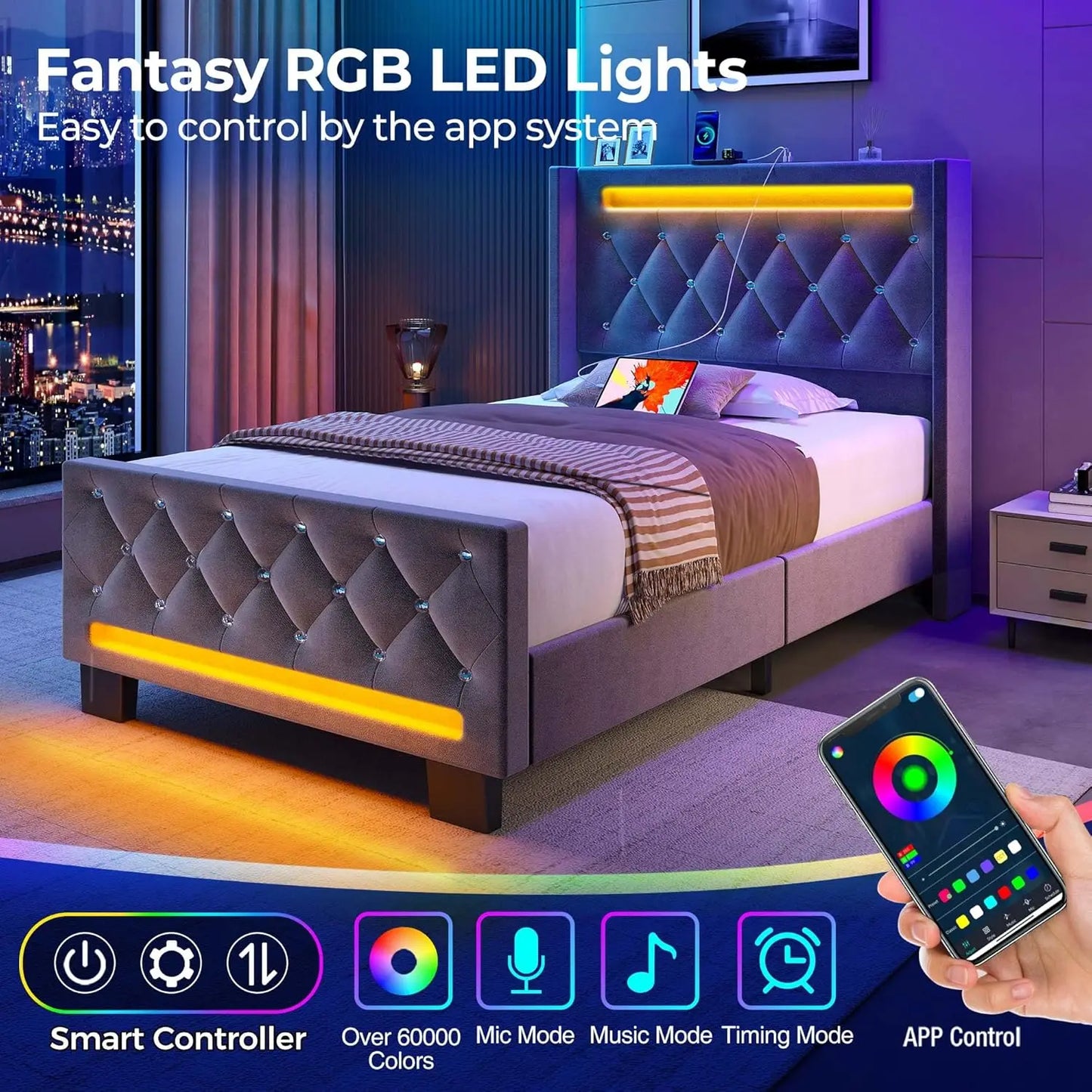 Twin Bed Frame with LED Light and Charging Station, Upholstered High Headboard and Footboard, Wood Slats, Noise Free, Grey