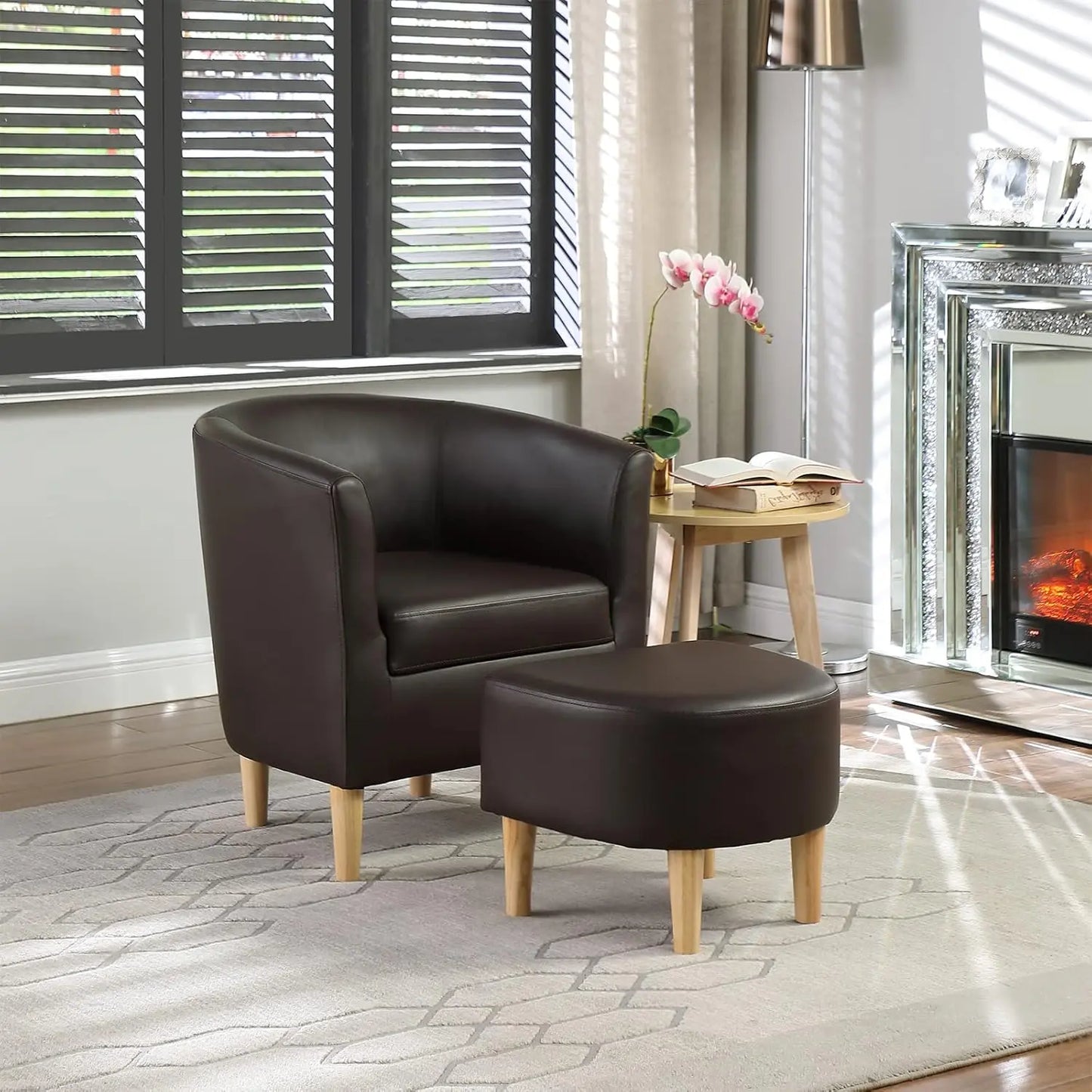 Accent Chair, Sherpa Chair White Fluffy Chair Teddy Barrel Chair with Ottoman Comfy ArmChair Footrest Set