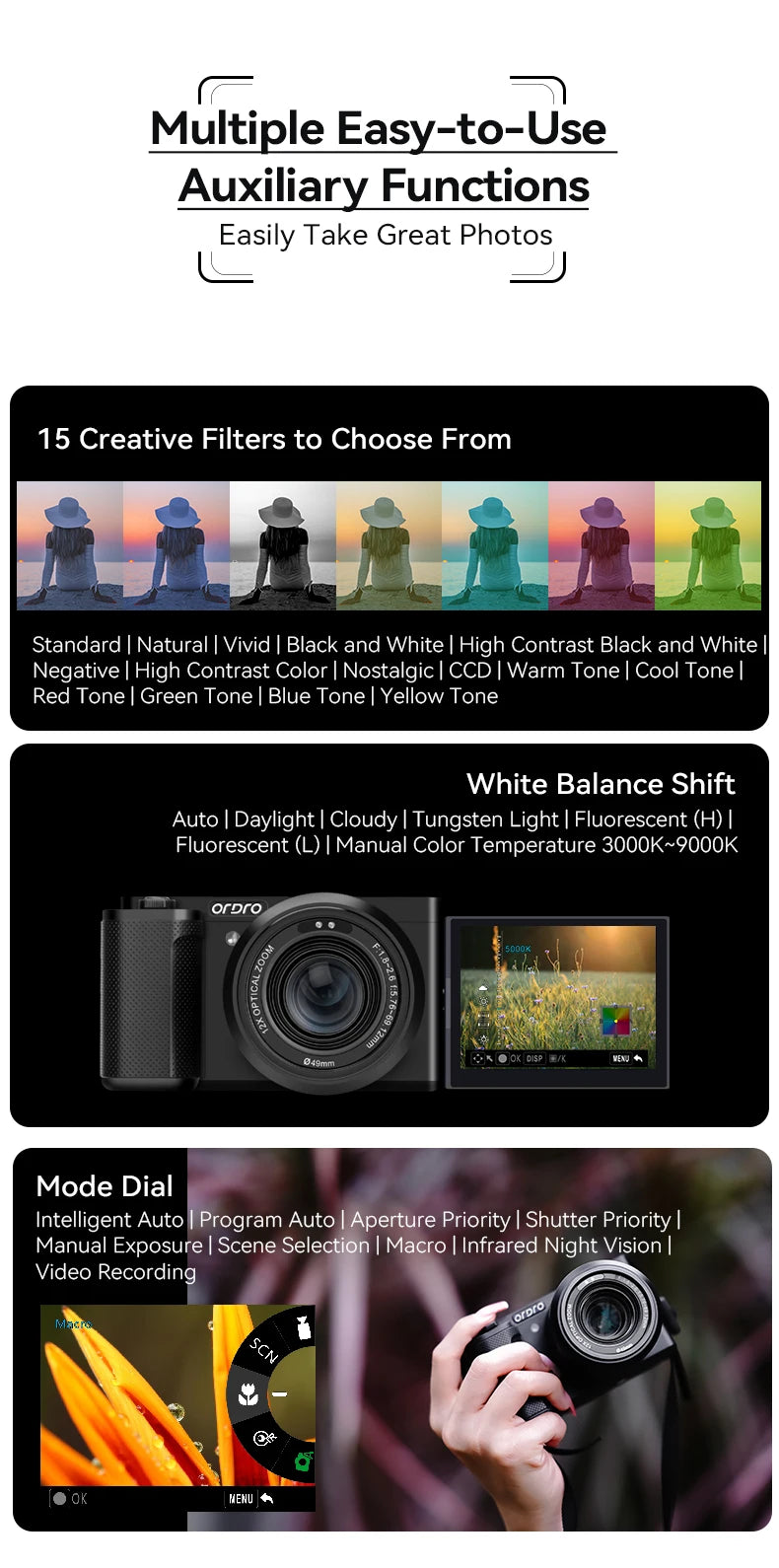 ORDRO G730 Vlog Digital Compact Camera 4K 60FPS IR Night Vision 12X Optical Zoom Auto Manual Focus Video Camcorder Photography