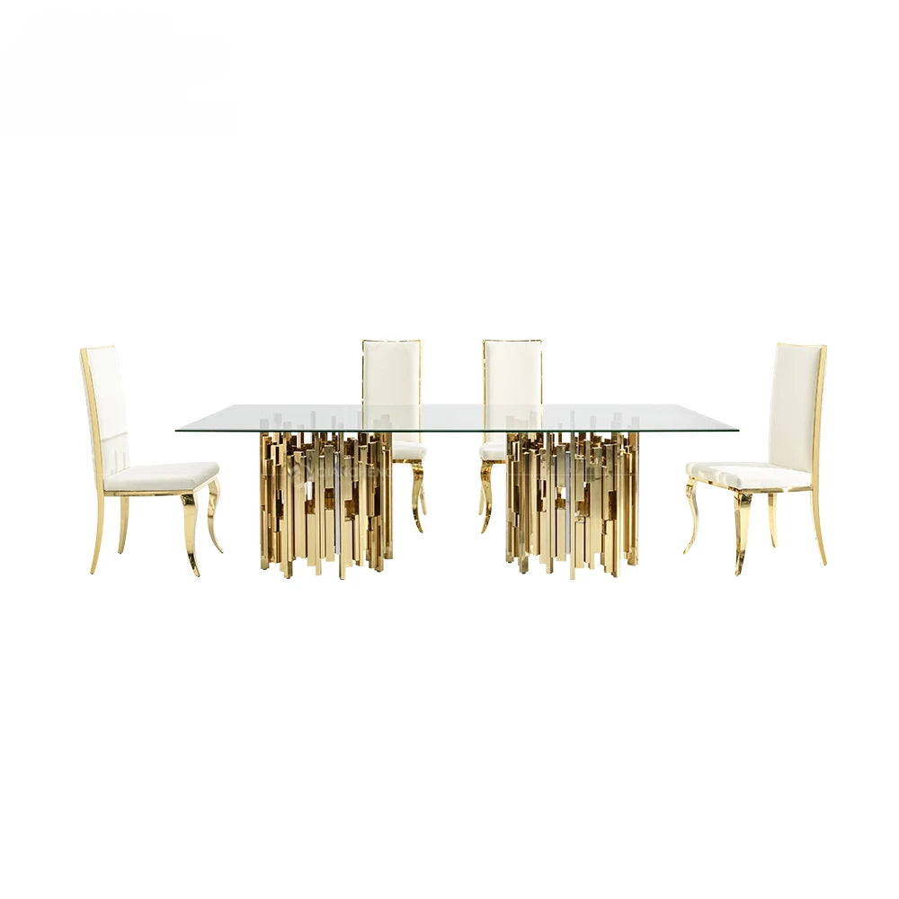 Gold and silver stainless steel metal dinning table and chair set for 4 6 seater luxury malaysia tempered glass top dining table