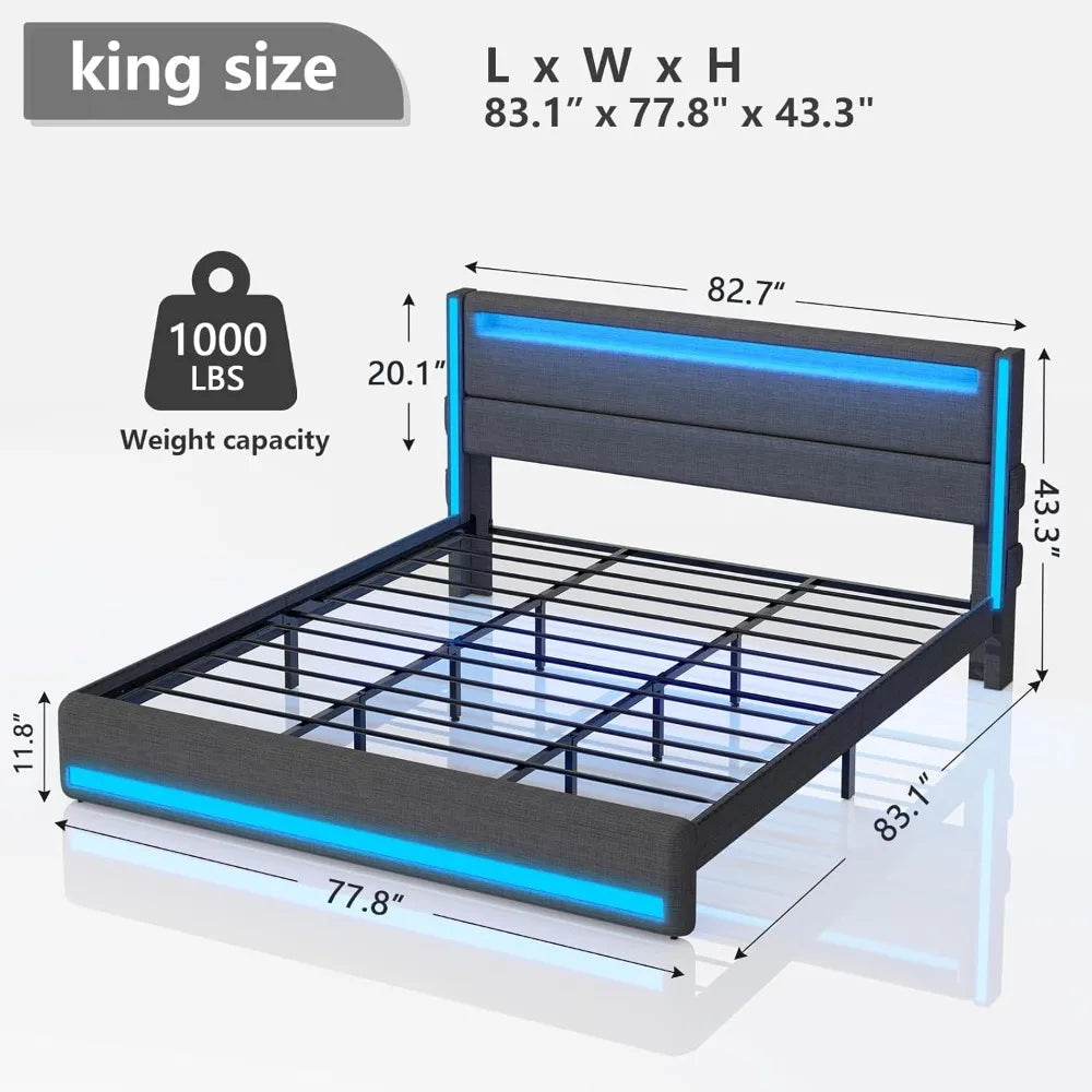 King Bed Frame with Headboard and LED Lights, Upholstered Platform Bed with USB Charging Station, Metal Support and Footboard.