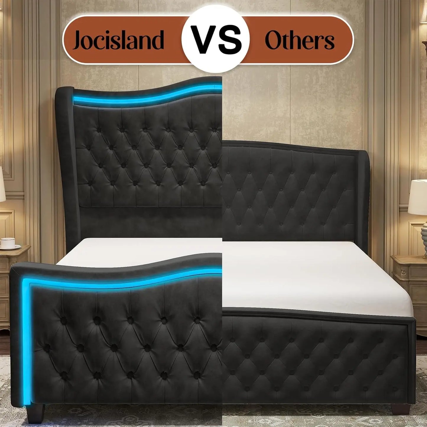 King Size Bed Frame with LED Lights, 53'' Upholstered Platform Wingback Bed with Handmade Deep Button Tufted Headboard Footboard