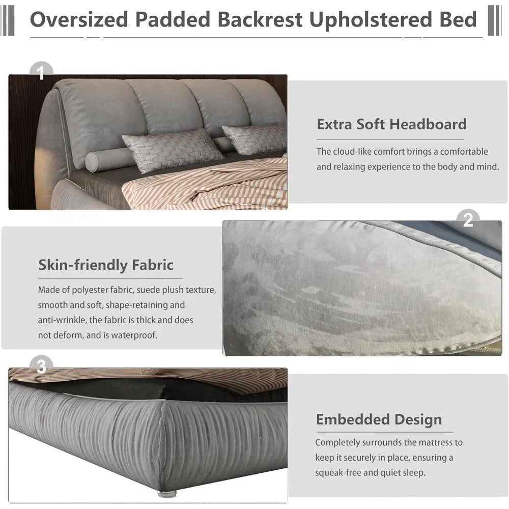 Deluxe king-size upholstered platform bed with upholstered backrest, soft-framed cloud bed, thickened pine slats, metal legs