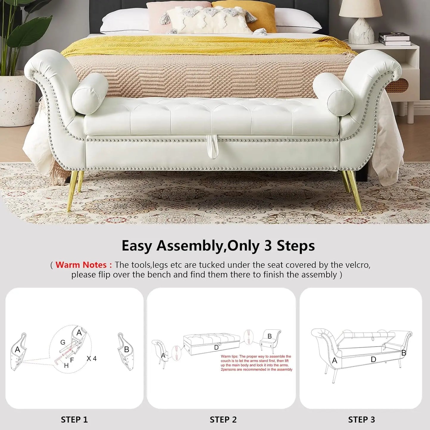 PU Leather Storage Benches End of Bed Vintage Flared Rolled Armed Bedroom Ottoman Bench Button Tufted Entryway Window