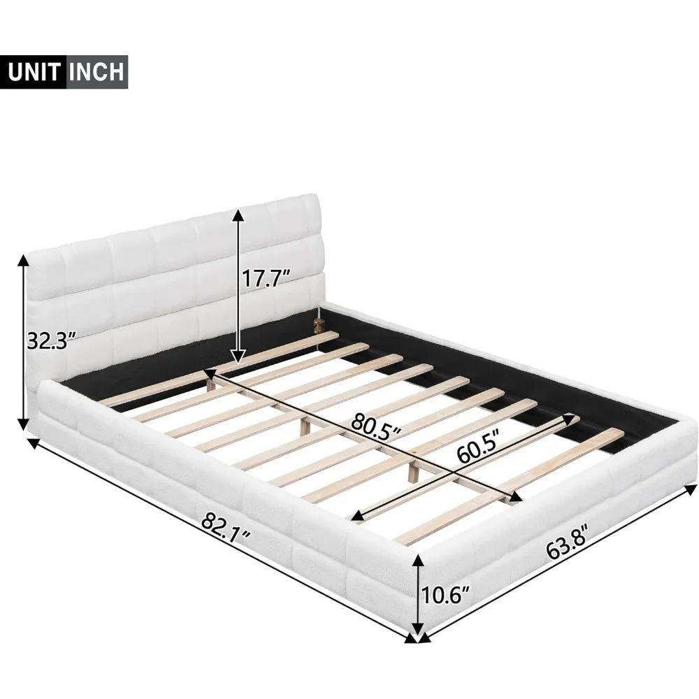 Large Cushioned Platform Bed Frame, Berber Wool Cushioned Grounded Bed with Solid Frame and Tufted Headboard