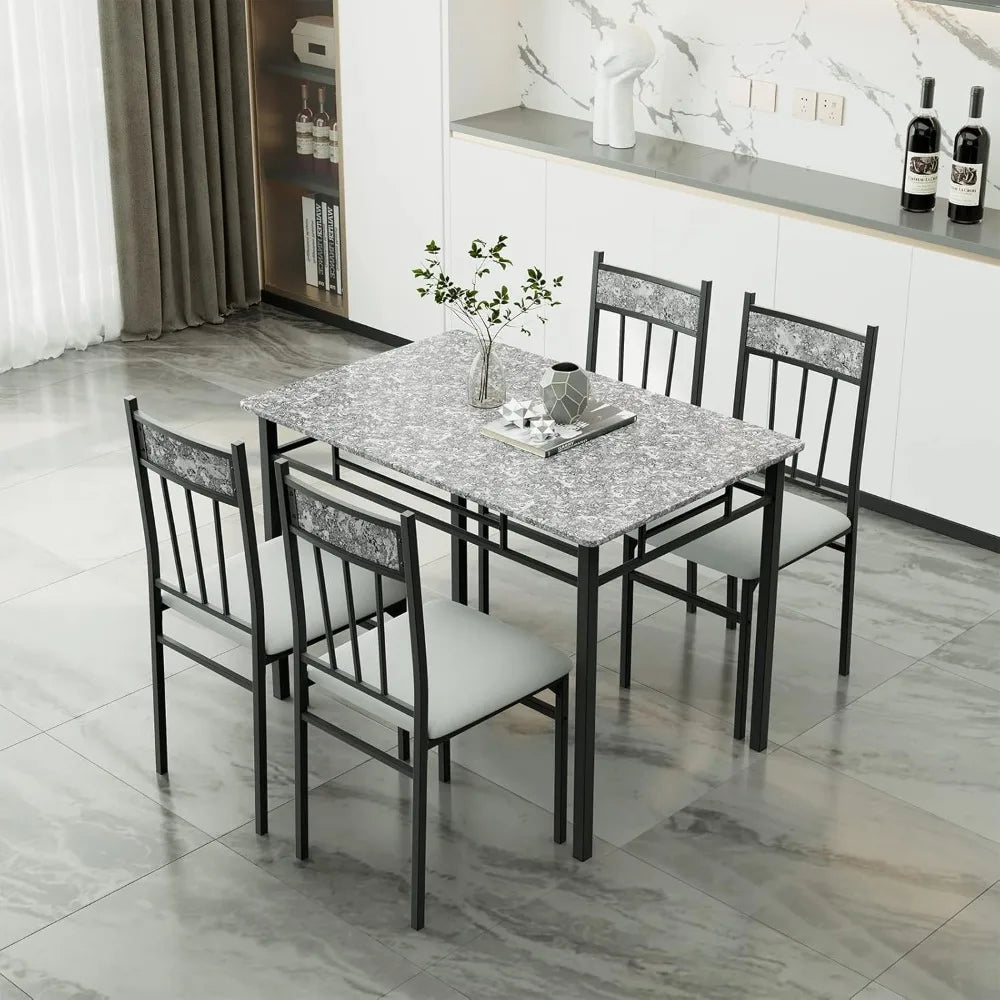 5-piece 4-person Dining Table Set, Imitation Marble Kitchen Table and Chairs 4-piece Set, Metal and Wooden Dining Table Set