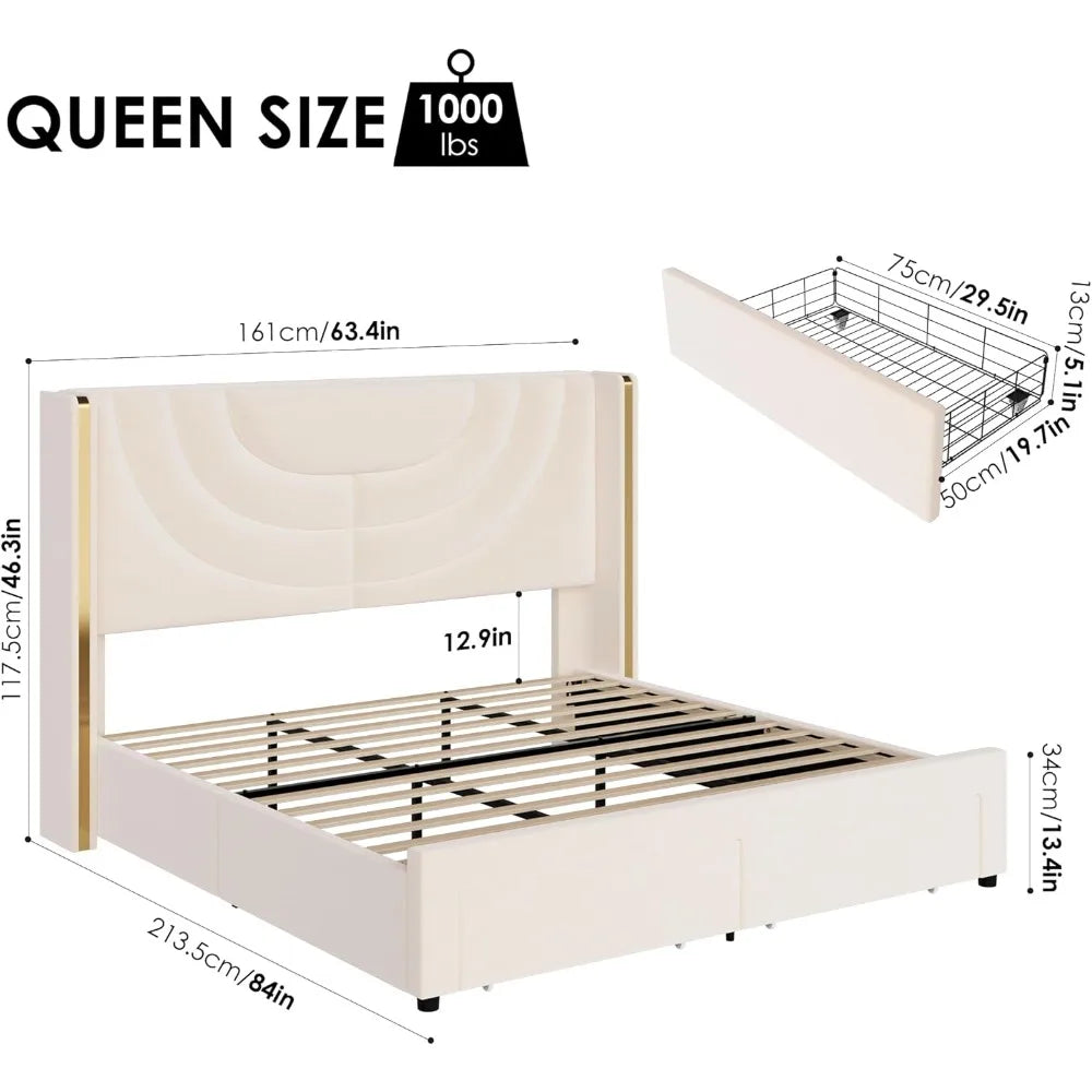 Queen Upholstered LED Bed Frame with 2 Storage Drawers, Velvet Platform Bed with Wingback Headboard, Solid Wooden Slats Support