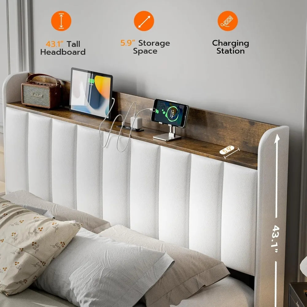Upholstered Bed Frame Queen Size with Headboard with Storage Drawers & Charging Station,No Box Spring Needed/Heavy Duty