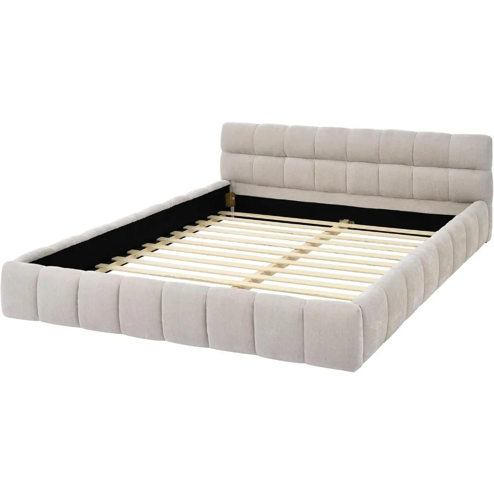 Queen Size Upholstered Grounded Bed with Bedside Desk and Stool,Upholstered Headboard,Grounded Upholstered Wood Base Bed Frame