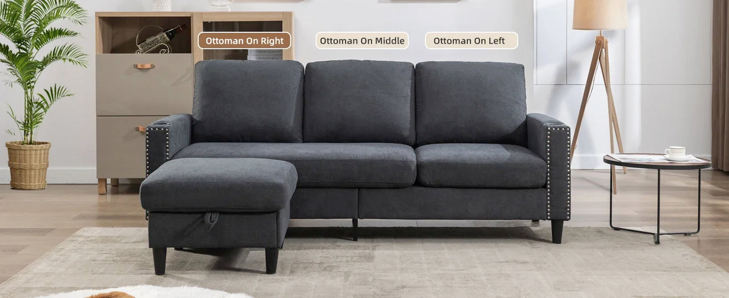 Convertible Sectional Couches for Living Room, L-Shaped Couch 3 Seats Sofas with Storage Chaise & 2 Cup Holders, Small Sofa