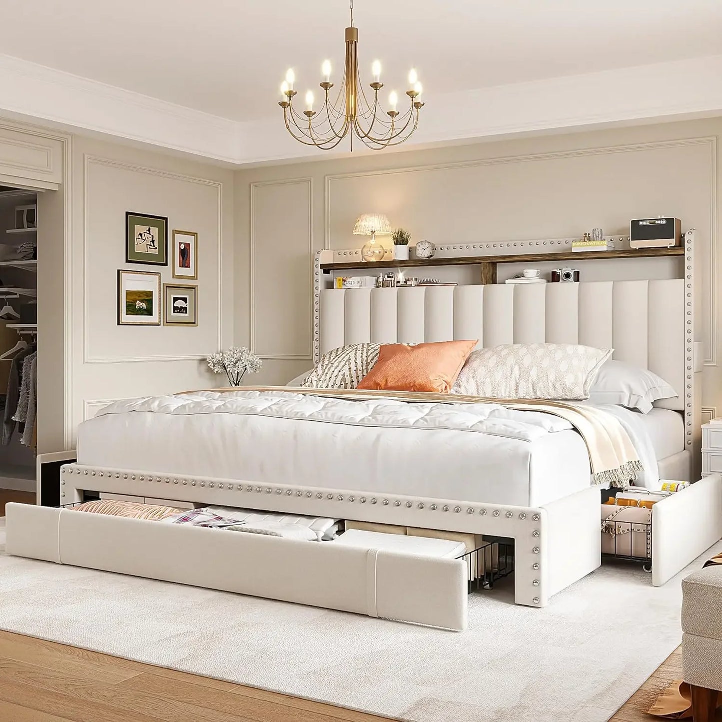 Bed Frame with 3 Drawers, Upholstered Queen, King and Full Size Bed Frame with Headboard and Storage, No-Noise, Easy Assembly