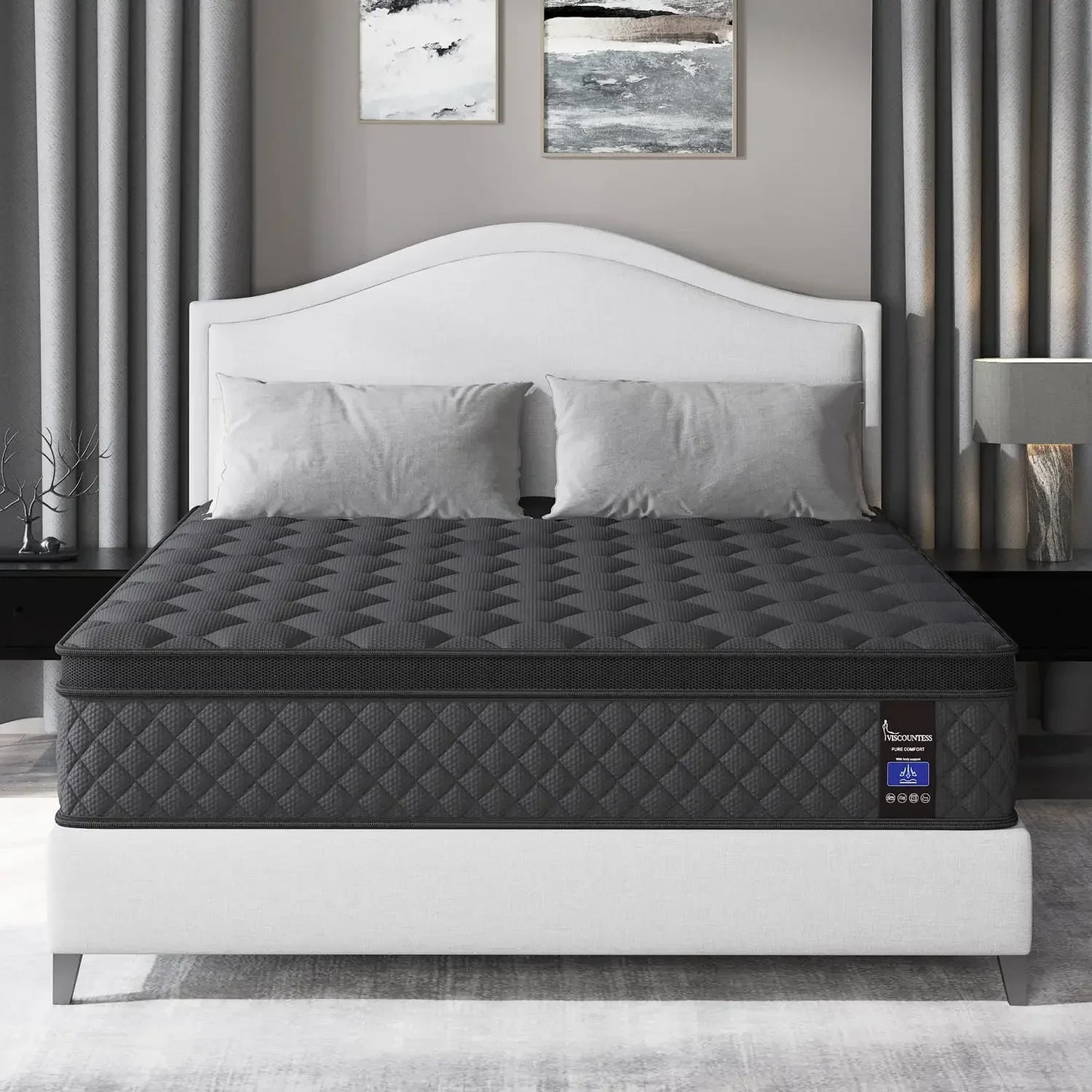 Queen Mattress,14 Inch Hybrid Mattress Black,Euro Top Mattress Medium Firm for Back & Lumbar Support,100 Night Trial, Individual