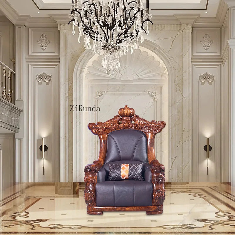 Ebony sofa leather combination, living room villa luxury solid wood furniture