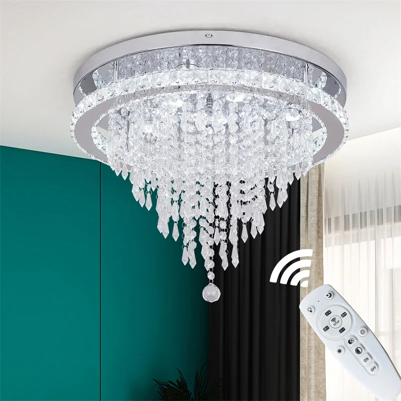 Luxury Crystal Modern LED Ceiling Chandelier Light Remote Dimming Round Ceiling Lamp for Home Decoration Indoor Hanging Lamps