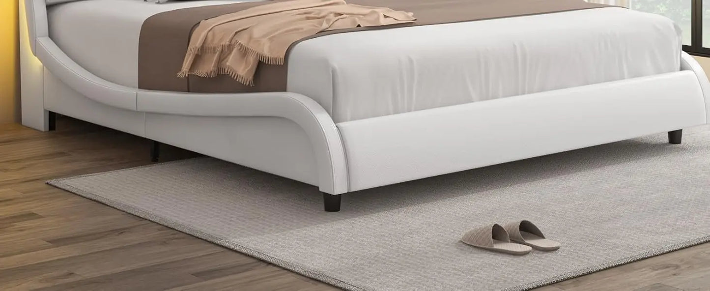 Upholstered Bed Frame, Adjustable LED Headboard, Pu Leather Platform Bed with Wave-Like Curve Design and Solid Wooden, Queen Bed