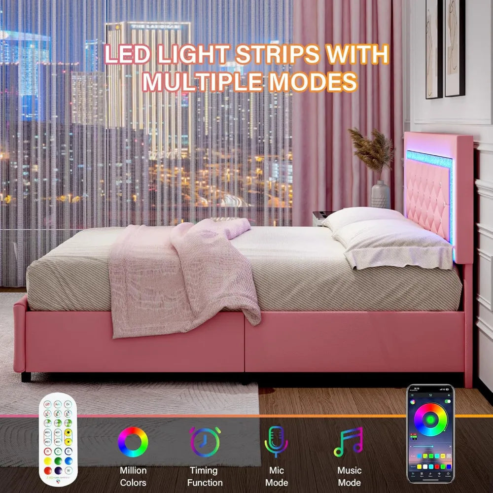 Queen Size Bed Frame with LED Lights, Upholstered Bed Frame with 4 Storage Drawers, with Diamond Headboard and Footboard