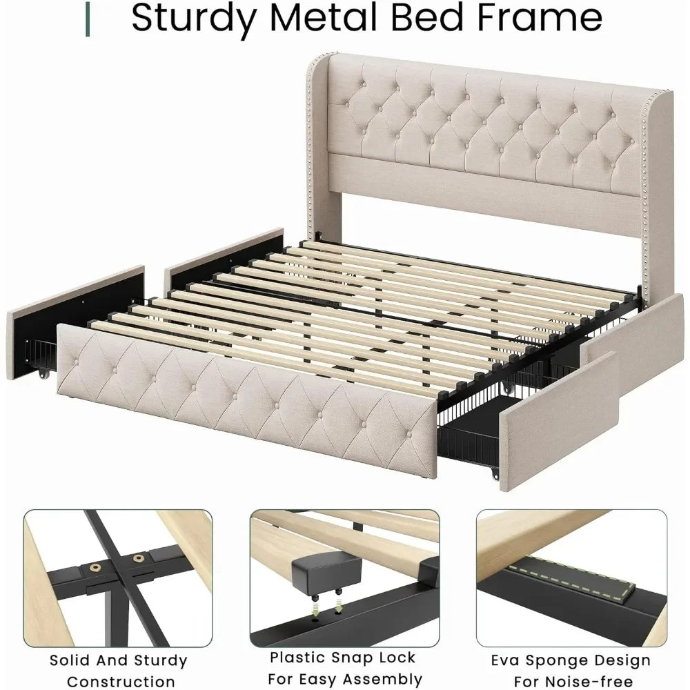 King Size Bed Frame with 4 Storage Drawers and Tufted Headboard Linen Upholstered Platform Bed Frame Wingback Beds.