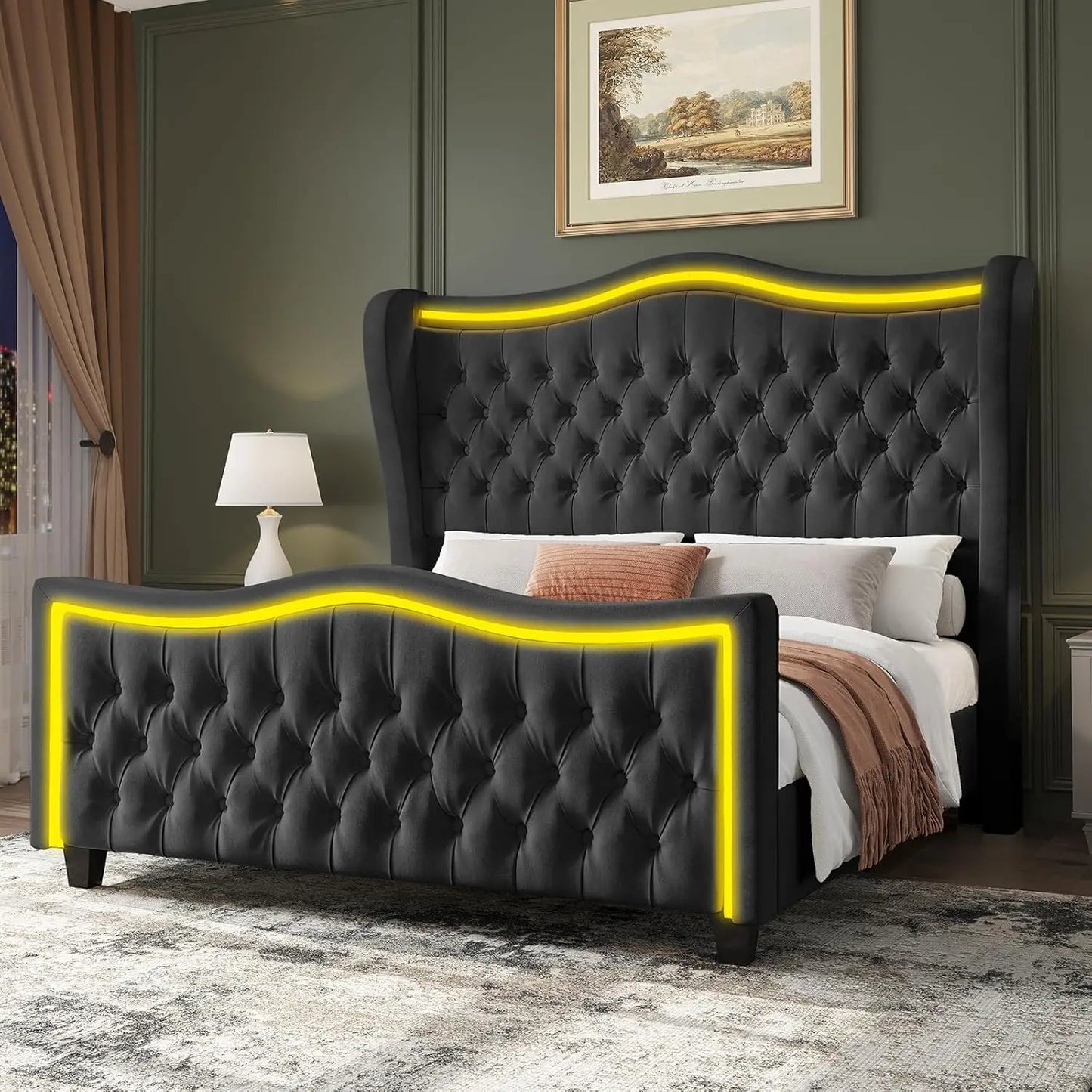 King Size Bed Frame with LED Lights, 53'' Upholstered Platform Wingback Bed with Handmade Deep Button Tufted Headboard Footboard