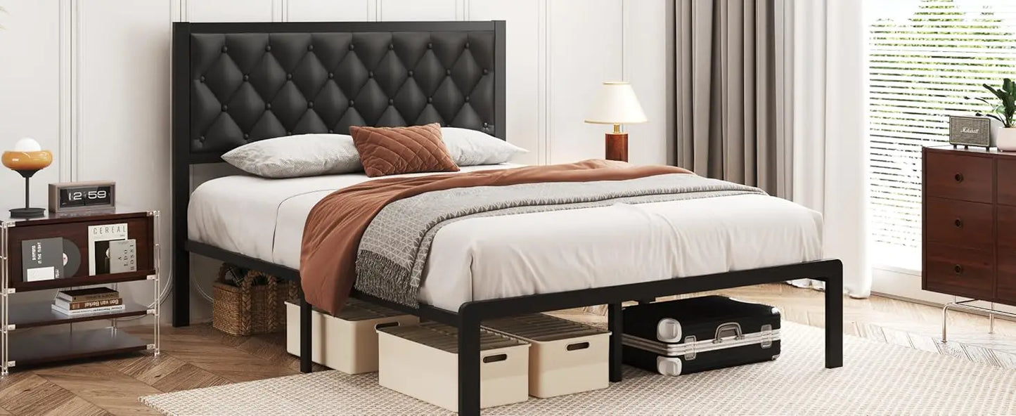 Queen Bed Frame with Headboard PU Leather Upholstered Bed Frame Platform,All Metal Slats Support Platform Bed Frame