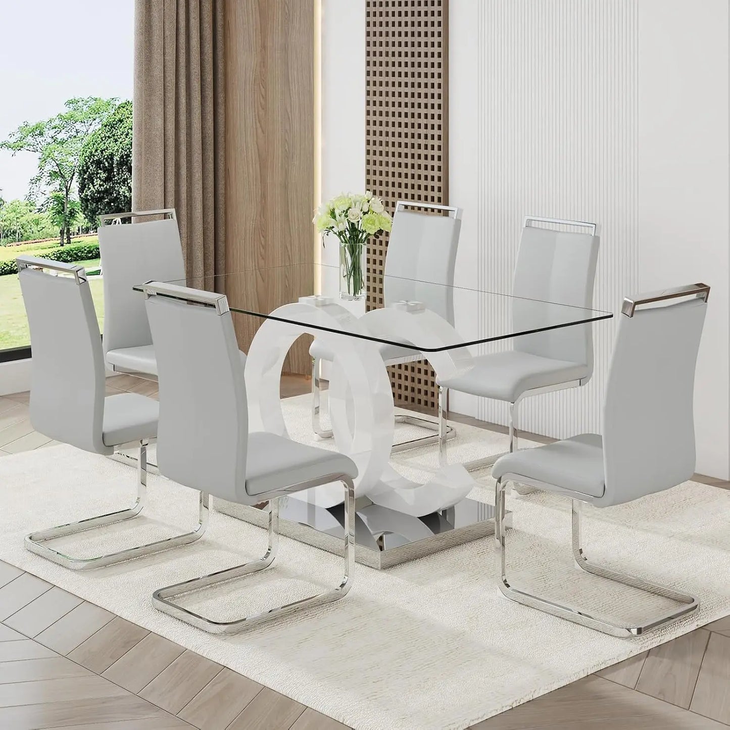 Glass Dining Table Set for 6 ,7 Piece Dining Table Set,Tempered Glass Table Top,PU Leather Ergonomic Dining Chairs Easy Assembly