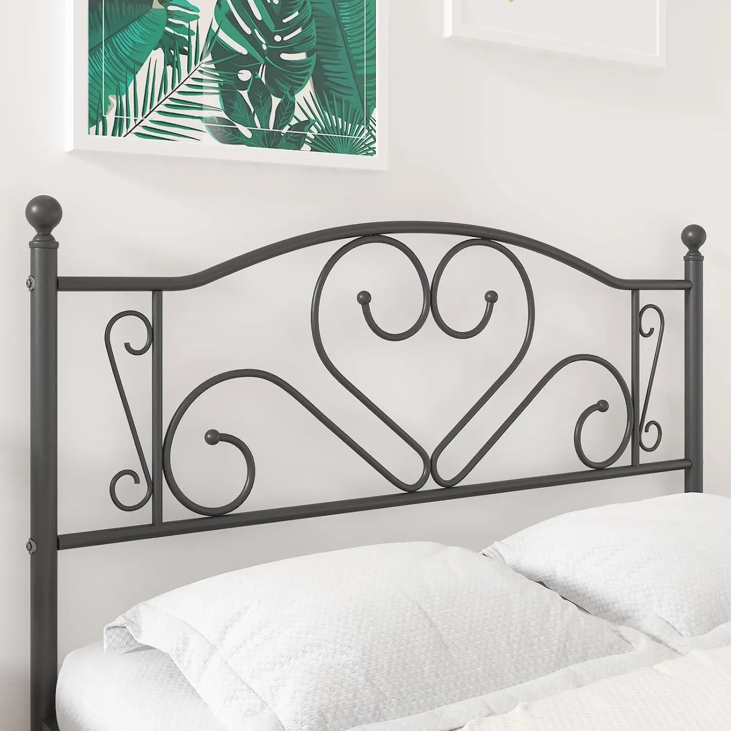 Full Size Bed Frame with Headboard, Heavy Duty Steel Slat Support Platform Under Bed Storage Space No Box Spring Needed, White