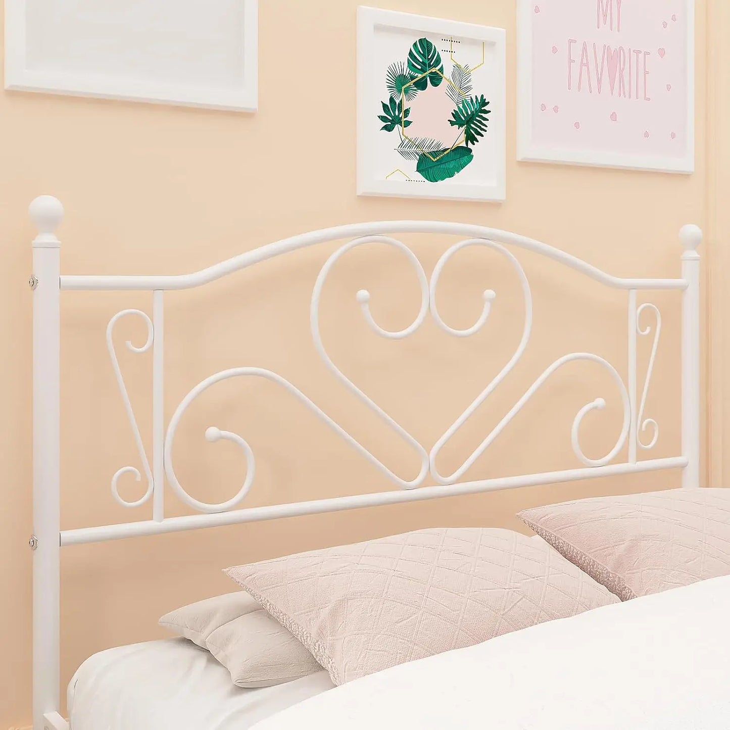 Full Size Bed Frame with Headboard, Heavy Duty Steel Slat Support Platform Under Bed Storage Space No Box Spring Needed, White