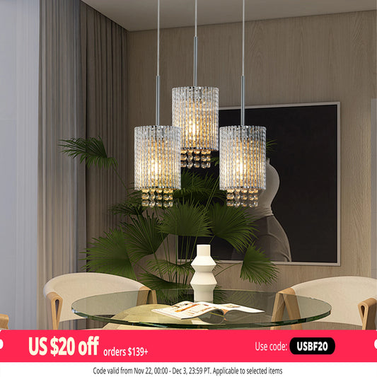Modern Crystal Pendant Light 3-Pack Adjustable Chrome Hanging Ceiling Fixture with Clear Beads, Elegant Design (No Bulbs)