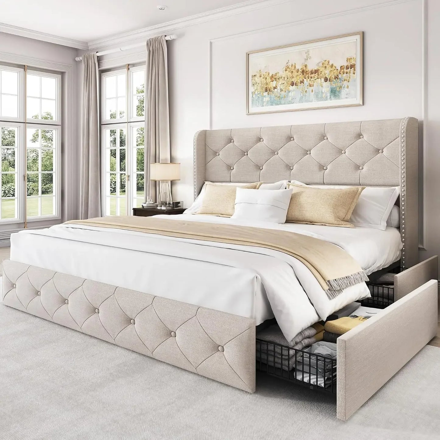 King Size Bed Frame with 4 Storage Drawers and Tufted Headboard Linen Upholstered Platform Bed Frame Wingback Beds.