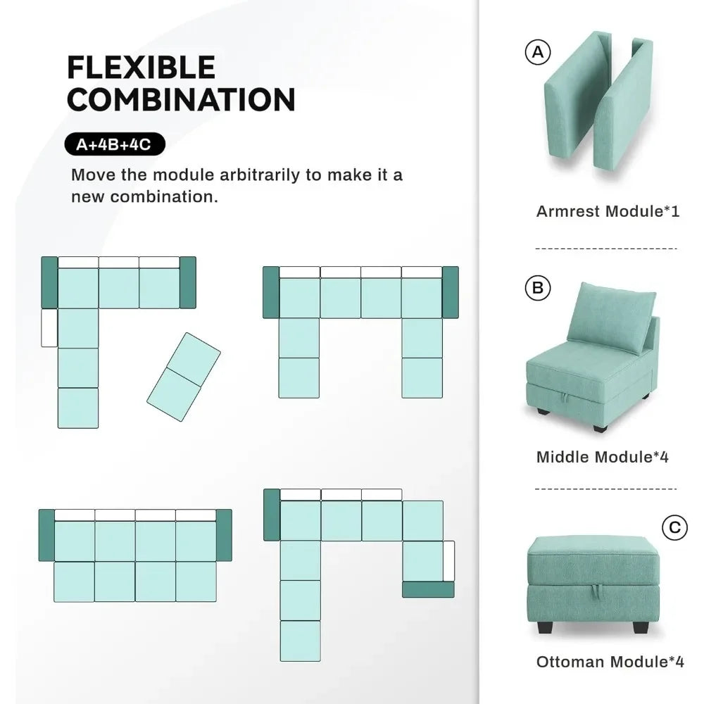 Square Ottoman Module for Modular Segmented Sofas, Storage Ottoman Footstools, and Seat Cubes, Water Blue