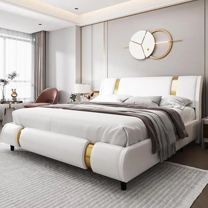 Modern Faux Leather Upholstered Platform Bed Frame with Golden Iron Metal Decor, Adjustable Curved Headboard, Queen Size, White