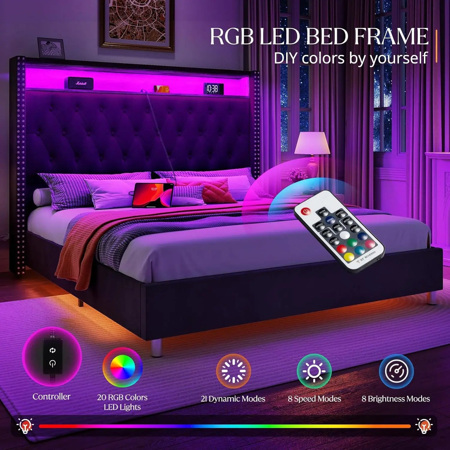 King Bed Frame with Headboard LED Lights and Charging Station, Velvet Tall Upholstered Platform Bed Storage No Box Spring Needed