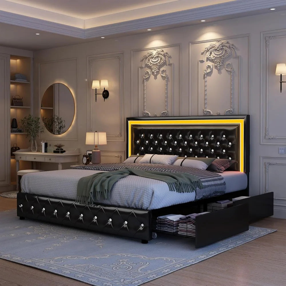 King Bed Frame with LED Lights, Storage Drawers, No Box Spring Needed, 900 lbs Capacity, Easy Assembly, bedroom furniture White
