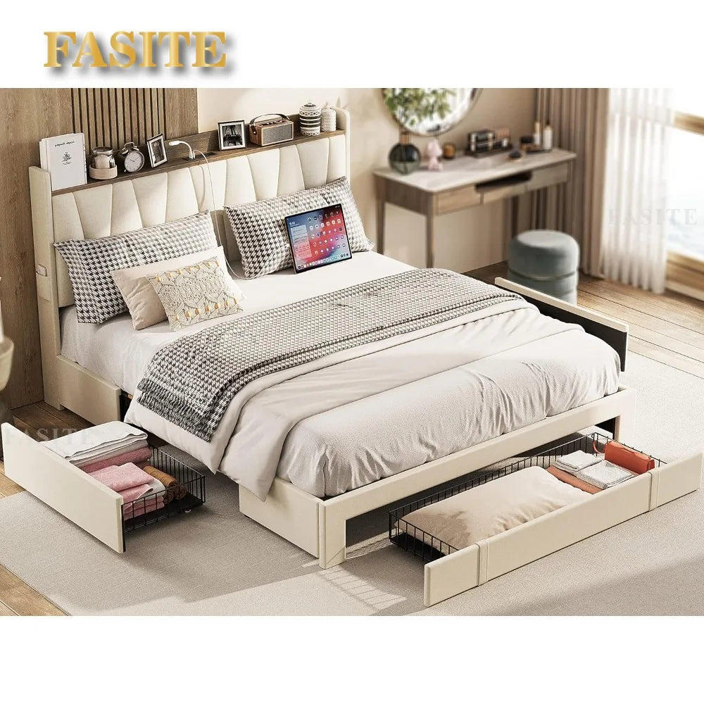 Queen Size Bed Frame with 3 Drawers, Upholstered Platform Beds with Storage Headboard and Charging Station