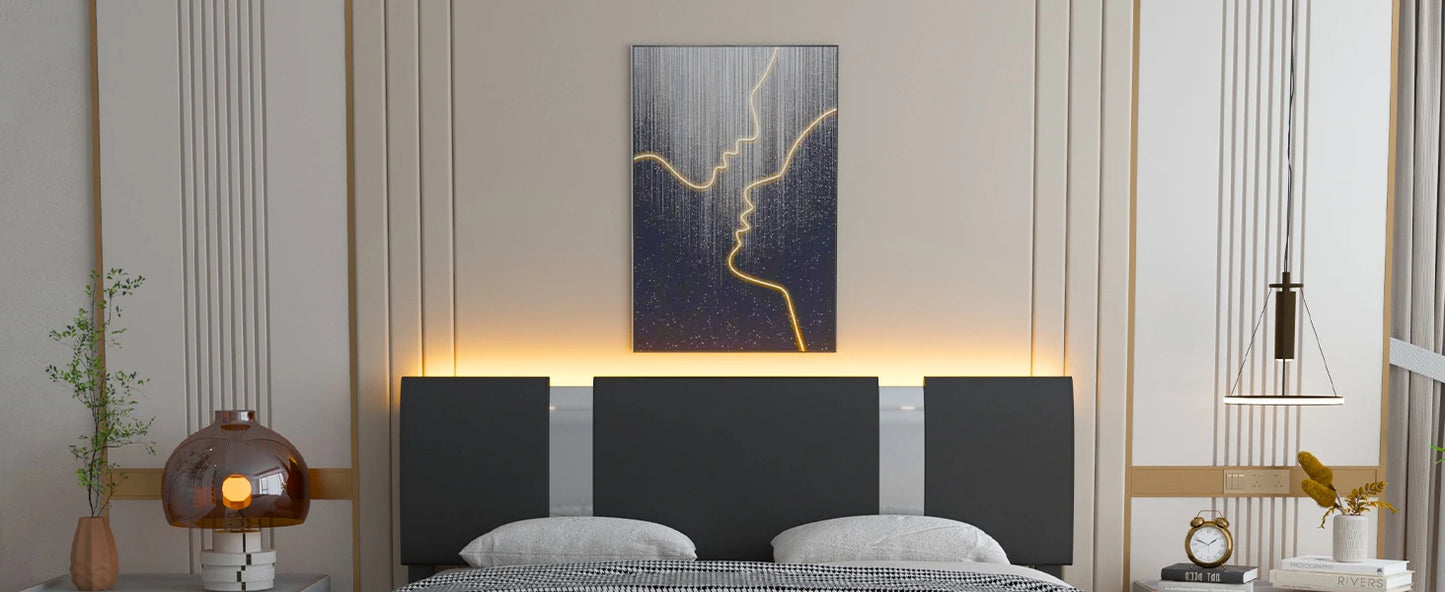 Queen Modern Faux Leather Upholstered Bed Frame with Adjustable Headboard, LED Lights,Low Profile Platform Bed with Iron Piece