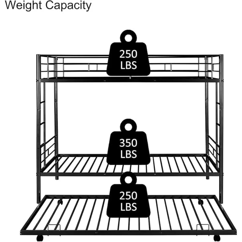 Twin Over Twin Metal Bunk Bed Trundle Frame with 2 Side Ladders Convertible Bunkbed Safety Guard Rails,No Box Spring Needed