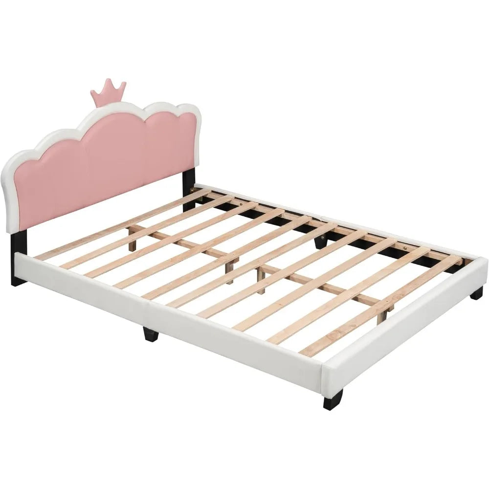 Full Size Upholstered Princess Bed with Crown Headboard, Full Size Platform Bed with Headboard and Footboard Suitable for girls