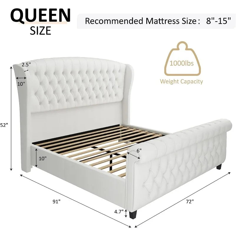 AMERLIFE King Size Platform Bed Frame, Chenille Upholstered Sleigh Bed with Scroll Wingback Headboard & Footboard/Button Tufted