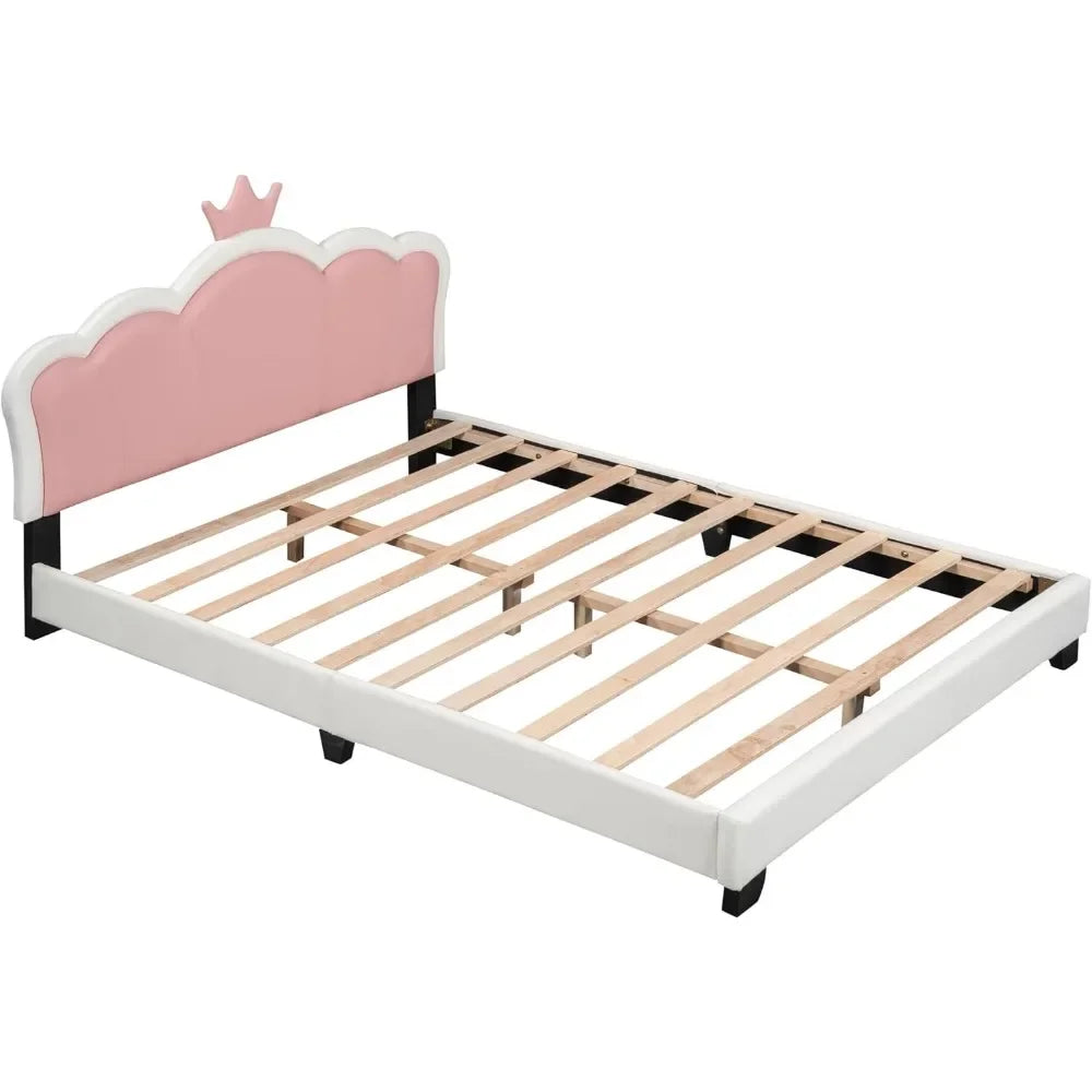 Full-Size Upholstered Princess Bed with Crown Headboard, Full Size Platform Bed with Headboard and Footboard Suitable for girls