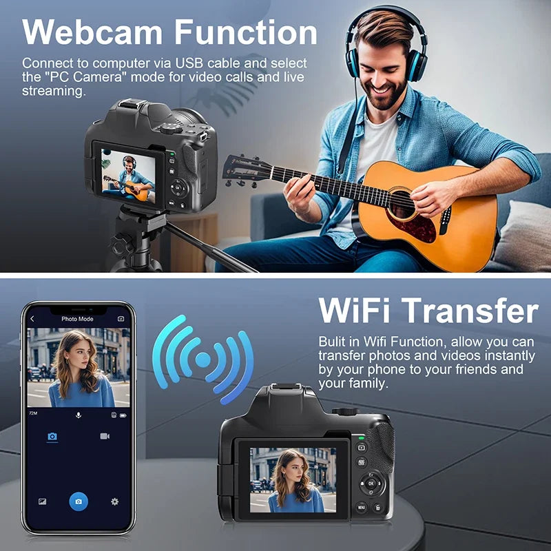 72MP Digital Camera 180° Flip Screen 3 lnch SLR DSLR 4K Camera for Photography 12X Optical Zoom Autofocus Anti-Shake Camera