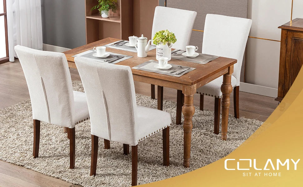 Upholstered Parsons Dining Chairs Set of 4, Fabric Dining Room Kitchen Side Chair with Nailhead Trim and Wood Legs - Beige