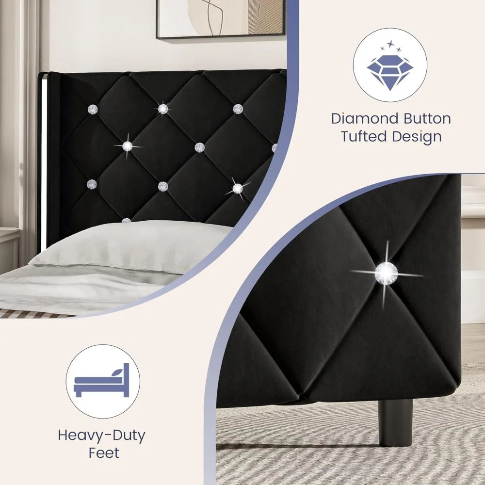 King Size Bed Frame, Velvet Upholstered Platform Bed King Size with Diamond Tufted Headboard and Footboard, Wooden Slats Support