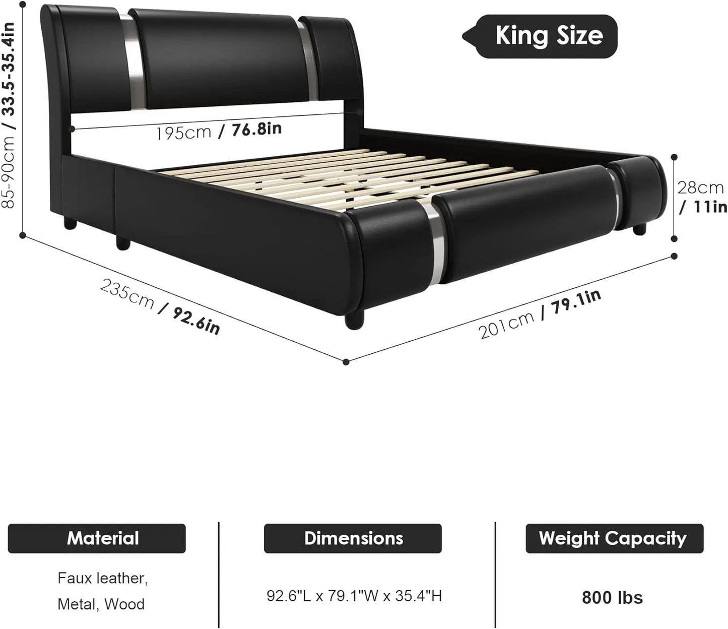 Modern Faux Leather Upholstered Platform Bed Frame with Golden Iron Metal Decor, Adjustable Curved Headboard, Queen Size, White