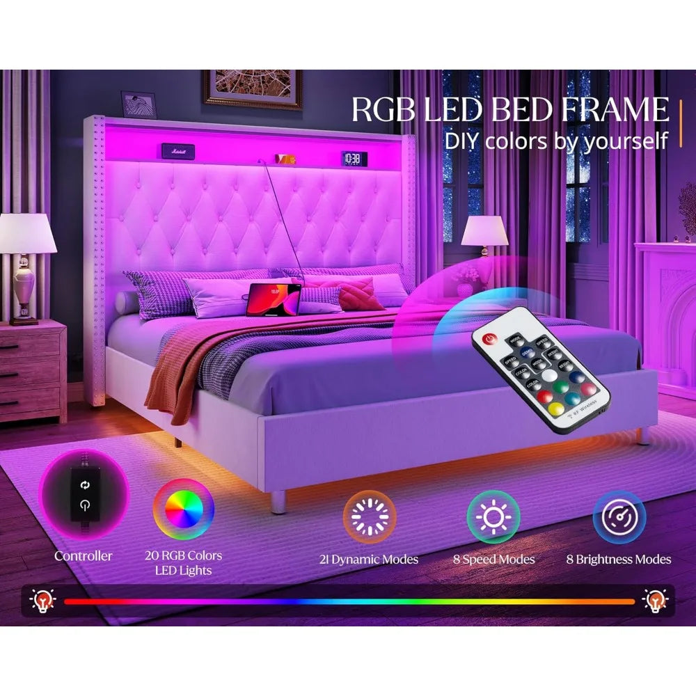 King Bed Frame with Headboard LED Lights and Charging Station, Velvet Tall Upholstered Platform Bed Storage No Box Spring Needed