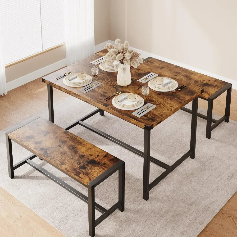 Dining Table Set for 4, Kitchen Table with Benches, Rectangular Dining Room Table Set with 2 Metal Wood Benches, 3 Piece Dining
