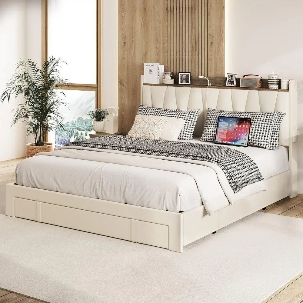 Queen Size Bed Frame with 3 Drawers, Upholstered Platform Beds with Storage Headboard and Charging Station
