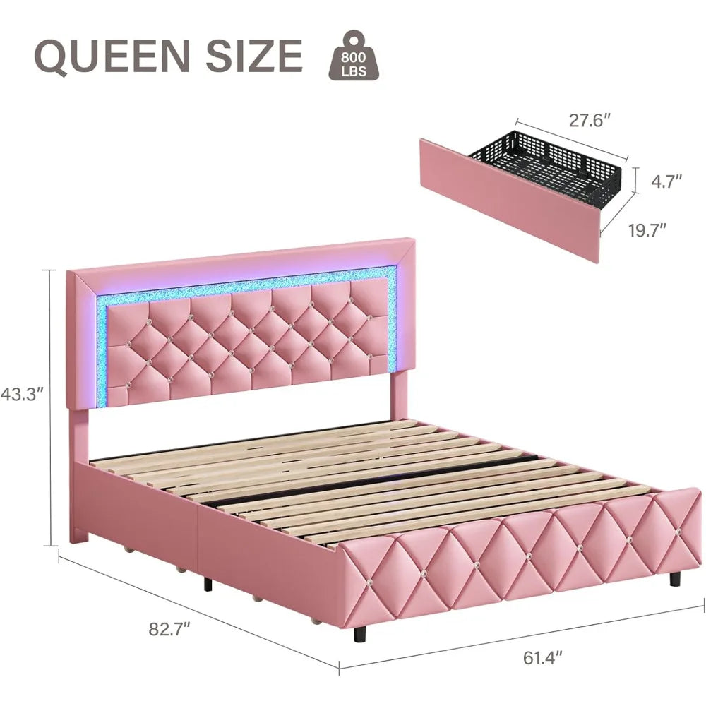 Queen Size Bed Frame with LED Lights, Upholstered Bed Frame with 4 Storage Drawers, with Diamond Headboard and Footboard